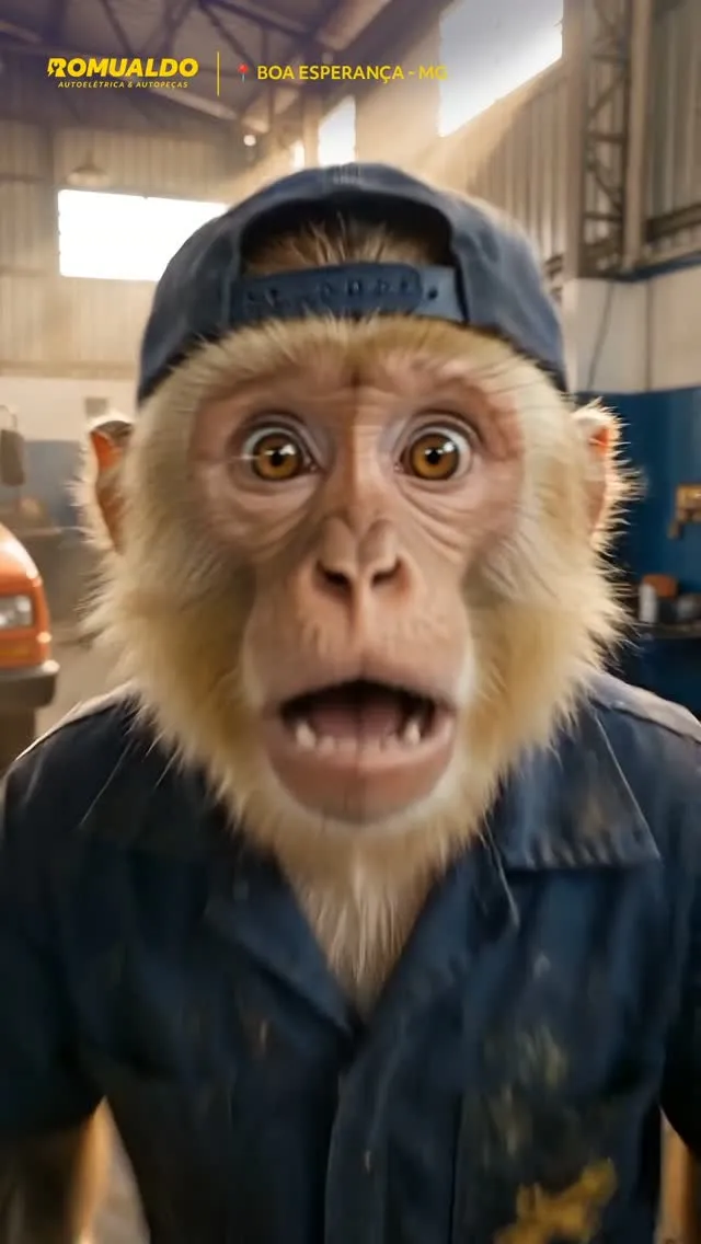 Macaco fantasiado de mecânico, de macacão e boné, dentro da oficina — post de humor da Romualdo
