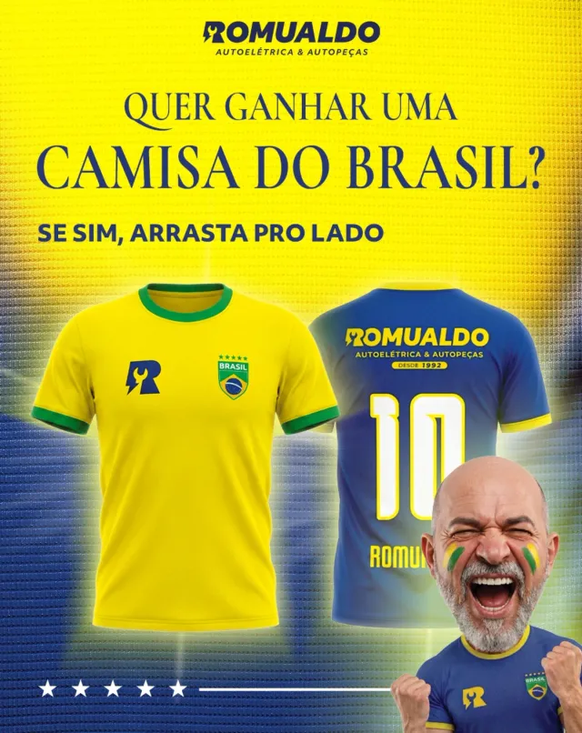 Arte de sorteio: "Quer ganhar uma camisa do Brasil?", com as camisas amarela e azul da Romualdo